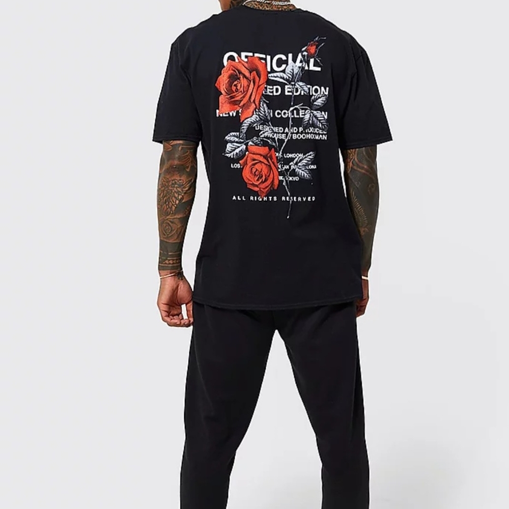 Black Graphic T-Shirt with Red Rose Design
